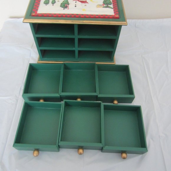 Christmas Holiday Wood Painted Snowman Small 6 Drawer Jewelry Trinket Box - Picture 9 of 11